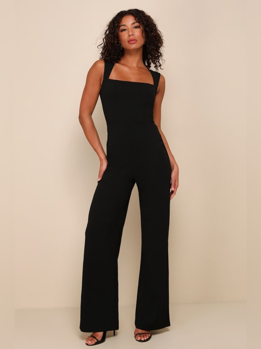 Lulus  Enticing Endeavors Black Jumpsuit wide leg size XS Squared neck